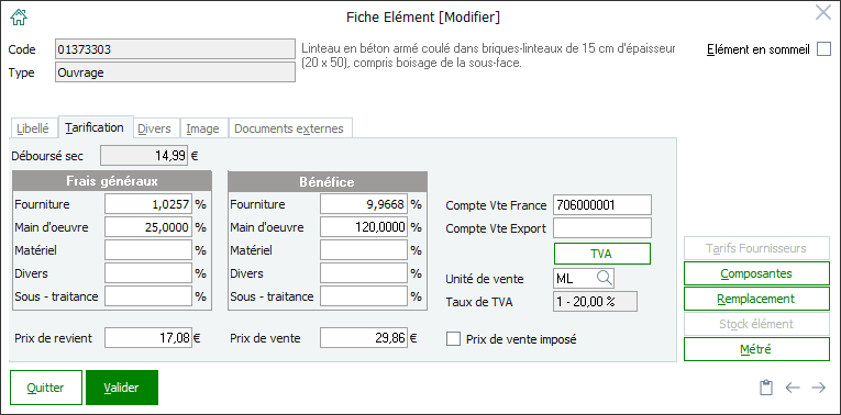 Fenêtre représentant la gestion de prix d'un ouvrage sur Sage Batigest Connect