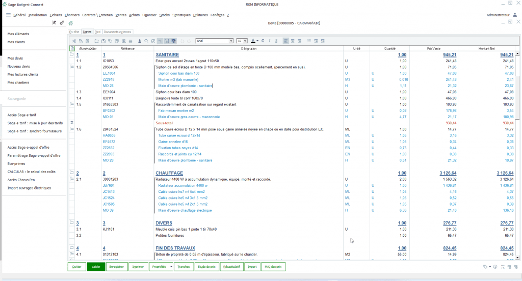 Fenêtre présentant un devis sur Sage Batigest Connect