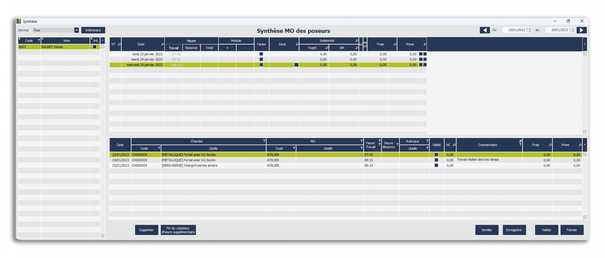 Illustration du back-office des heures pointées via l'application Mobilité, développé par RGM Informatique