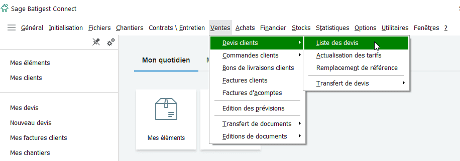 Image présentant la liste des devis dans le logiciel Sage Batigest Connect.